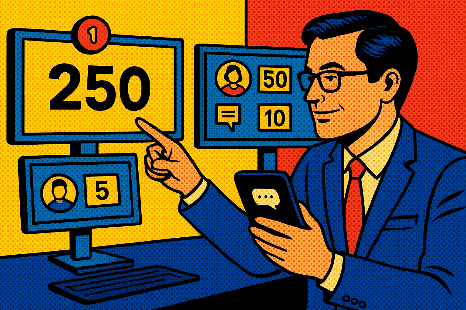 Illustration of Entrepreneur managing multiple numbers in a Virtual command center setting, with a in control mood.