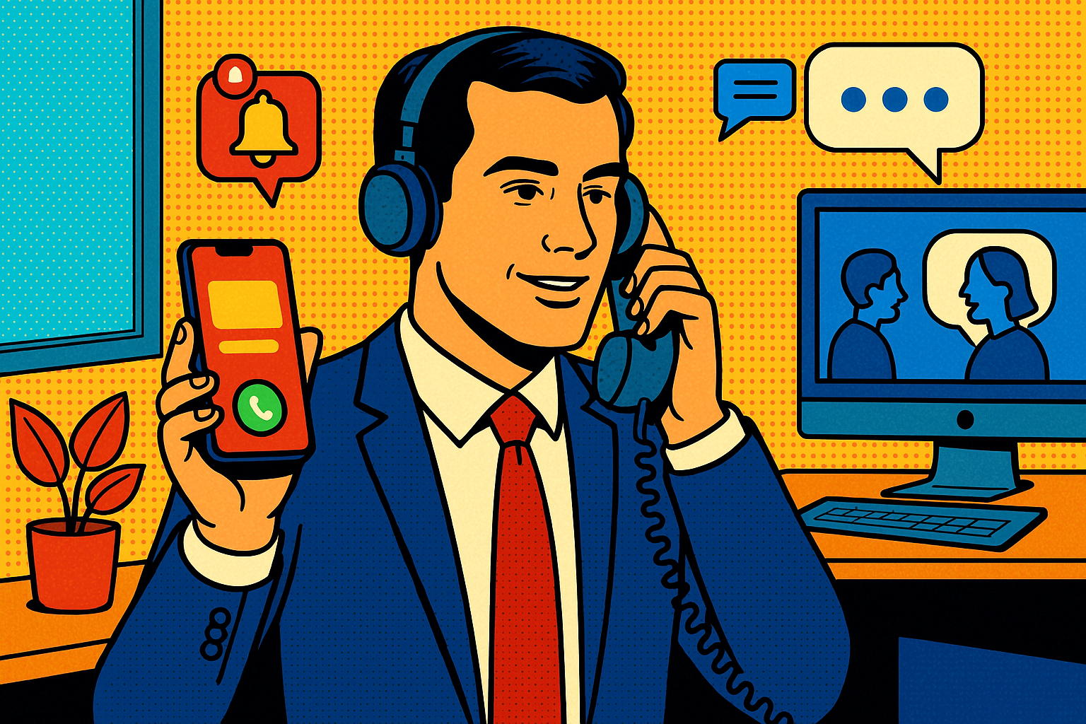 Illustration of Agent handling client calls in a Modern office with mobile tech setting, with a in control mood.
