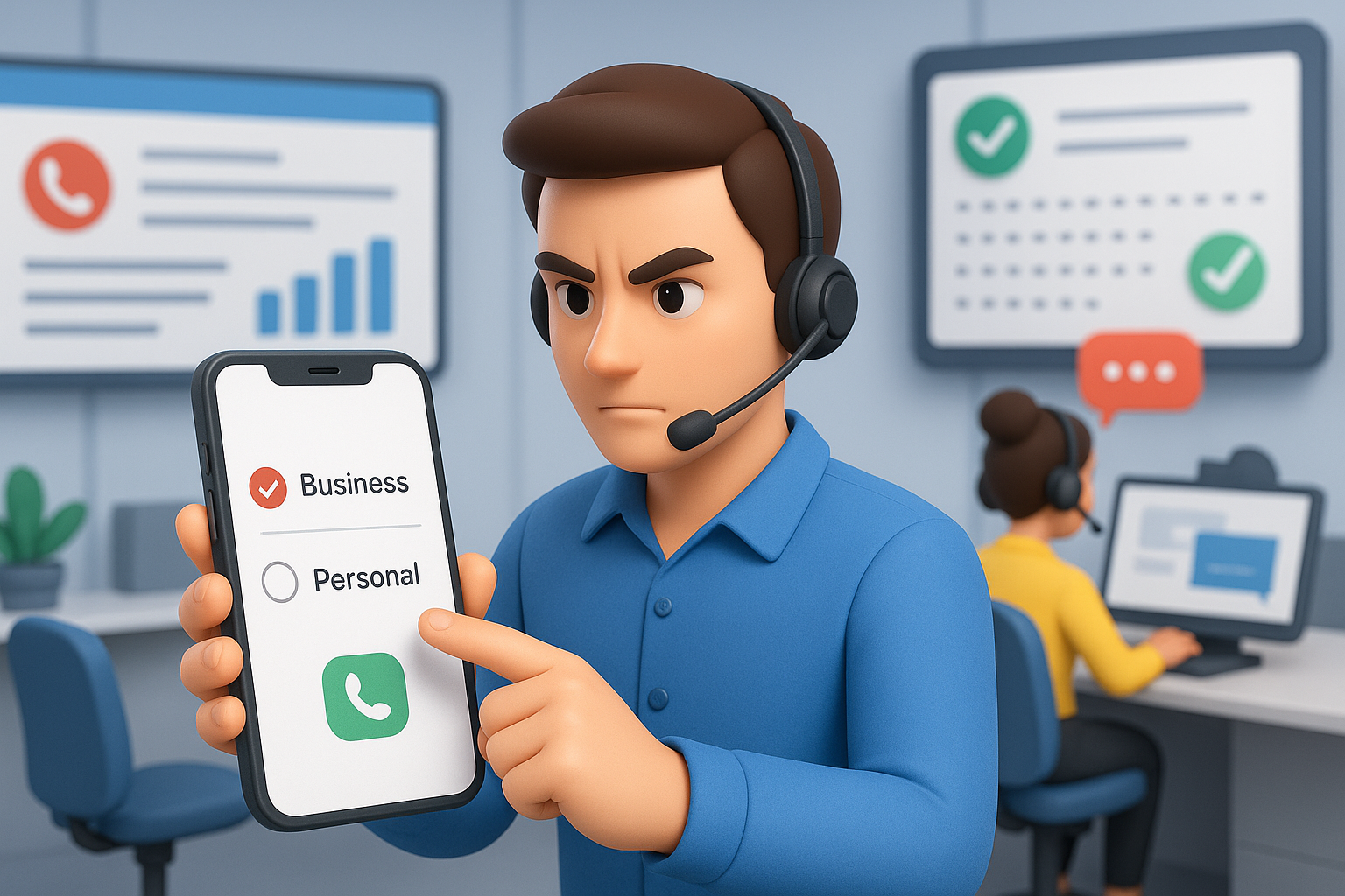 Illustration of User switching call profiles in a Call center with digital wallboards setting, with a determined mood.