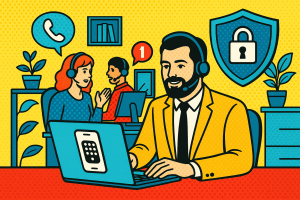 Illustration of Team using virtual PBX in a Home office setup with headset setting, with a efficient mood.