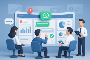 Illustration of Team using communication dashboard in a Virtual command center setting, with a professional mood.