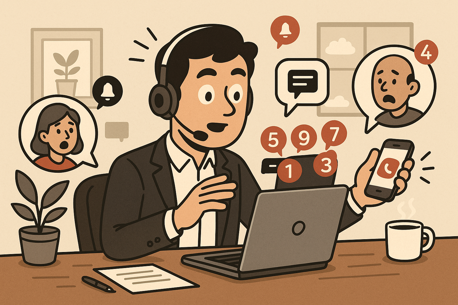 Illustration of Entrepreneur managing multiple numbers in a Home office setup with headset setting, with a professional mood.