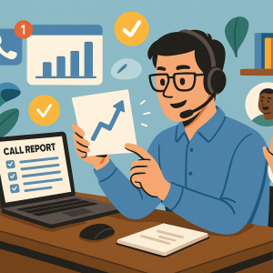 Illustration of Manager analyzing call reports in a Home office setup with headset setting, with a innovative mood.