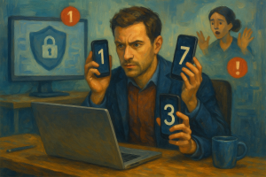 Illustration of Entrepreneur managing multiple numbers in a Tech-themed workspace setting, with a determined mood.