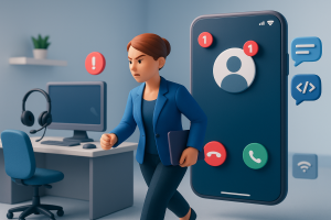 Illustration of Caller ID with mobile icons in a Modern office with mobile tech setting, with a determined mood.