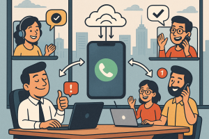 Illustration of Phone routing multiple devices in a City skyline through office window setting, with a confident mood.