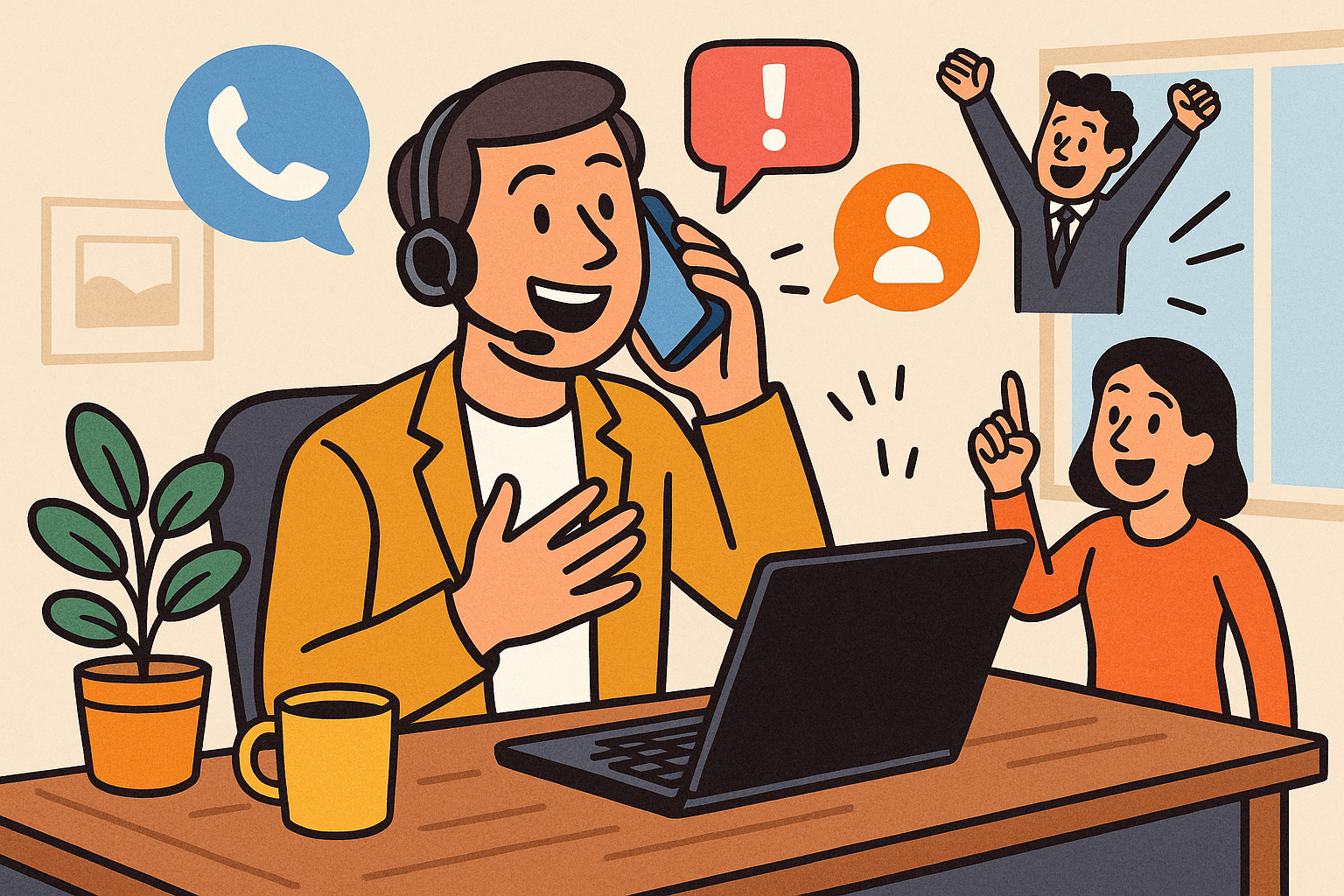 Illustration of Person making business calls on phone in a Home office setup with headset setting, with a innovative mood.