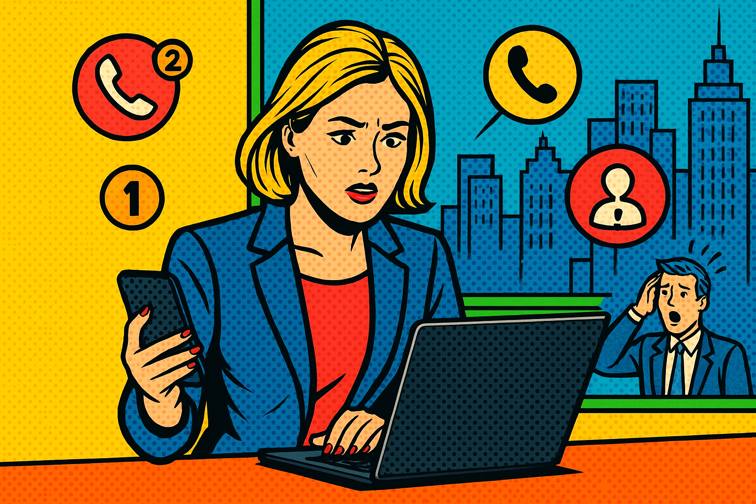 Illustration of Entrepreneur managing multiple numbers in a City skyline through office window setting, with a alert mood.