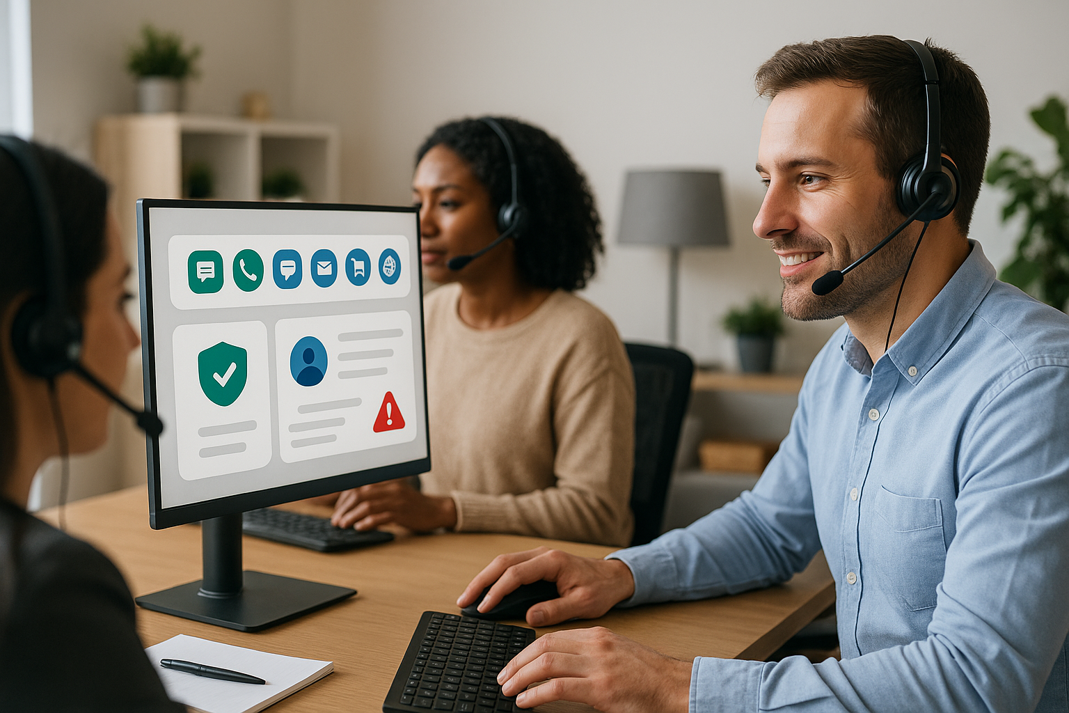 Illustration of Team using communication dashboard in a Home office setup with headset setting, with a confident mood.