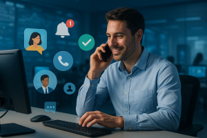 Illustration of Person making business calls on phone in a Virtual command center setting, with a empowered mood.
