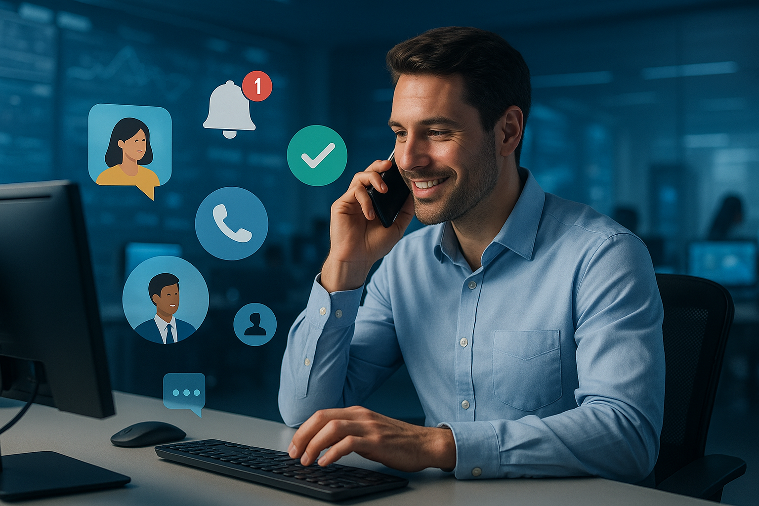 Illustration of Person making business calls on phone in a Virtual command center setting, with a empowered mood.