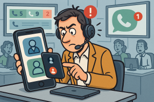 Illustration of User switching call profiles in a Call center with digital wallboards setting, with a focused mood.