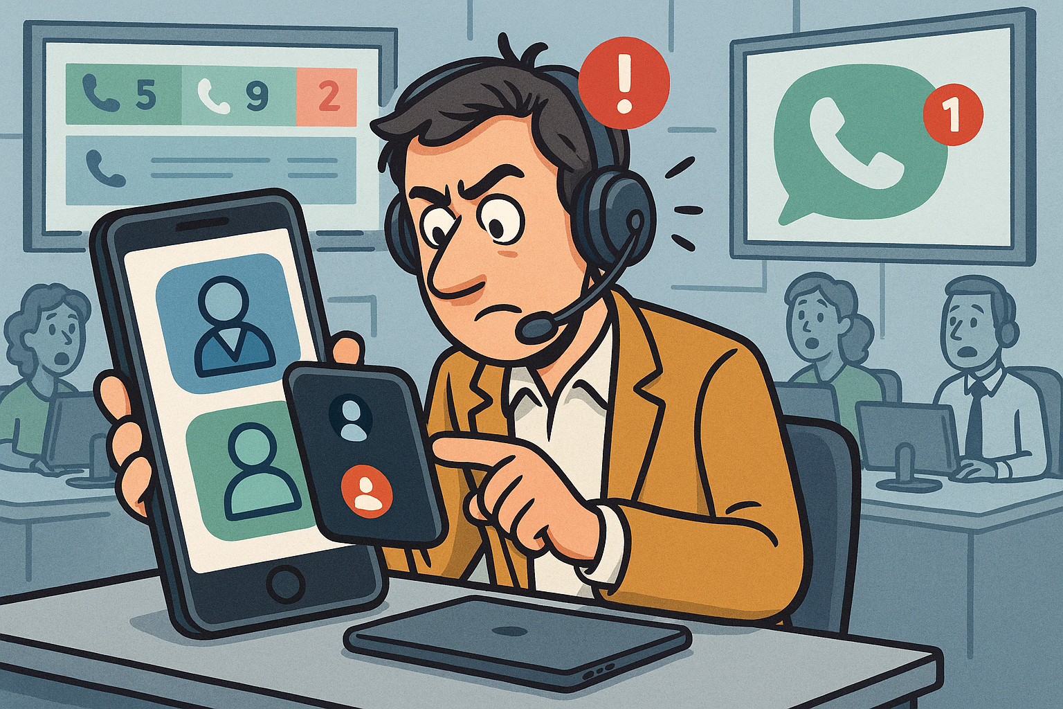 Illustration of User switching call profiles in a Call center with digital wallboards setting, with a focused mood.