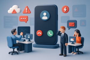 Illustration of Caller ID with mobile icons in a Virtual command center setting, with a alert mood.