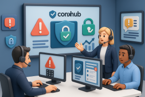 Illustration of Team using virtual PBX in a Call center with digital wallboards setting, with a determined mood.