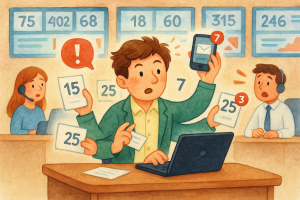 Illustration of Entrepreneur managing multiple numbers in a Call center with digital wallboards setting, with a alert mood.
