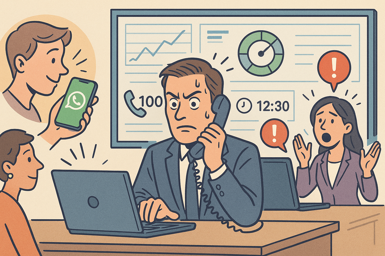 Illustration of Customer connecting via WhatsApp in a Dashboard with telecom metrics setting, with a determined mood.