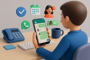 Illustration of Customer connecting via WhatsApp in a Professional desk with phones setting, with a empowered mood.