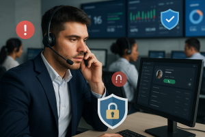 Illustration of Agent handling client calls in a Call center with digital wallboards setting, with a focused mood.