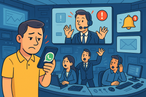 Illustration of Customer connecting via WhatsApp in a Virtual command center setting, with a alert mood.
