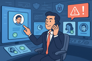 Illustration of User switching call profiles in a Virtual command center setting, with a in control mood.