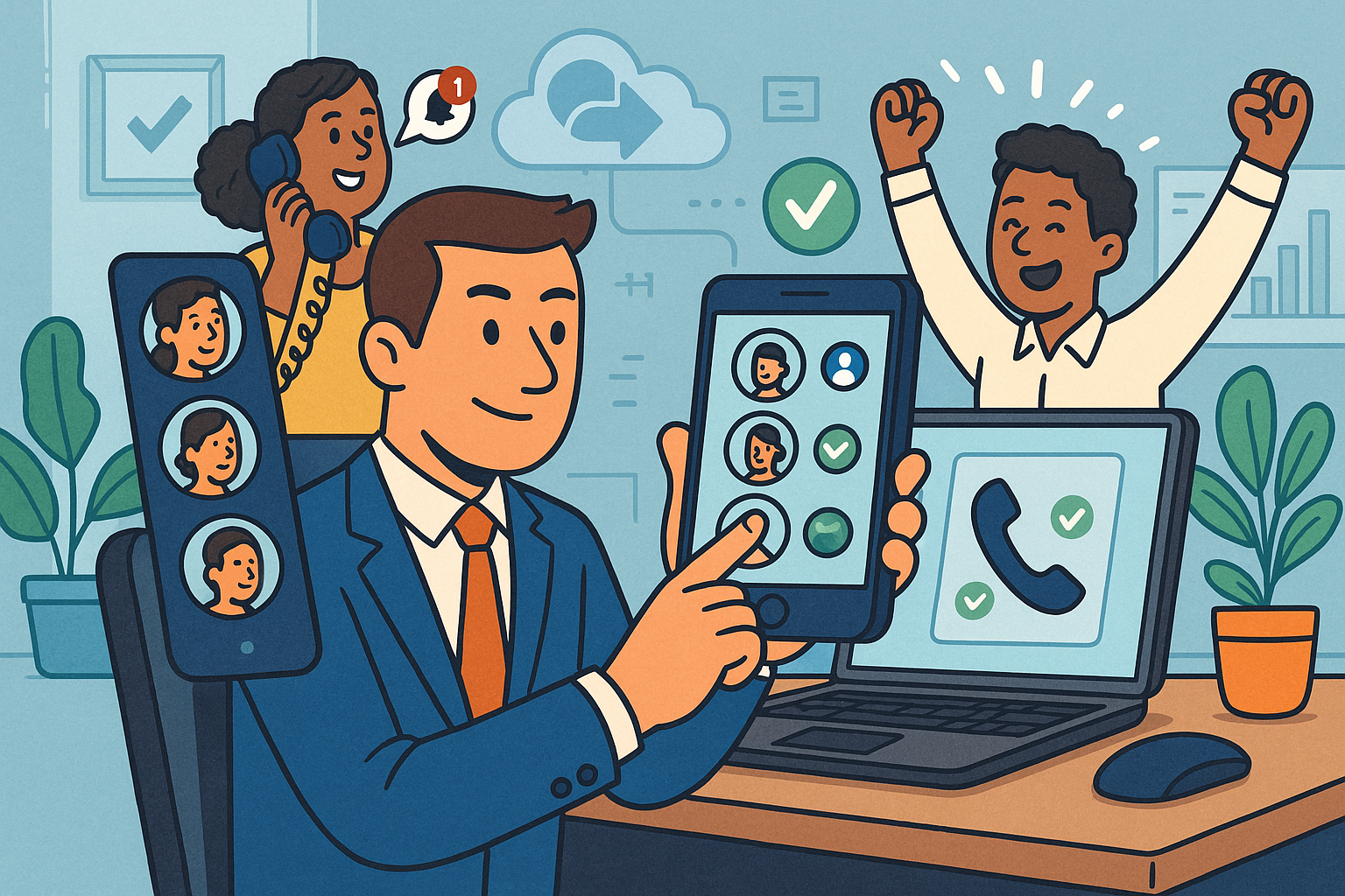 Illustration of User switching call profiles in a Tech-themed workspace setting, with a confident mood.