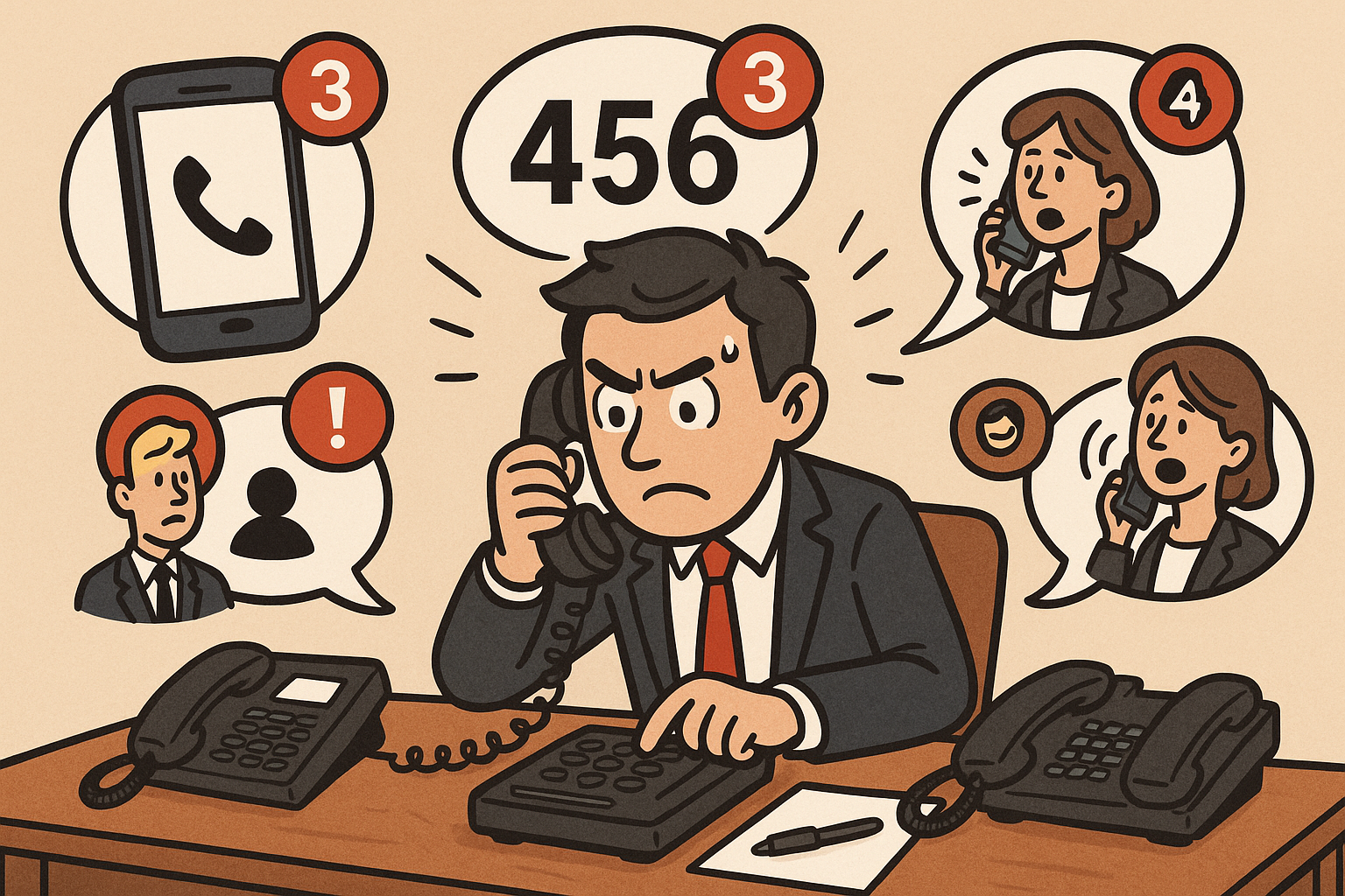 Illustration of Entrepreneur managing multiple numbers in a Professional desk with phones setting, with a determined mood.