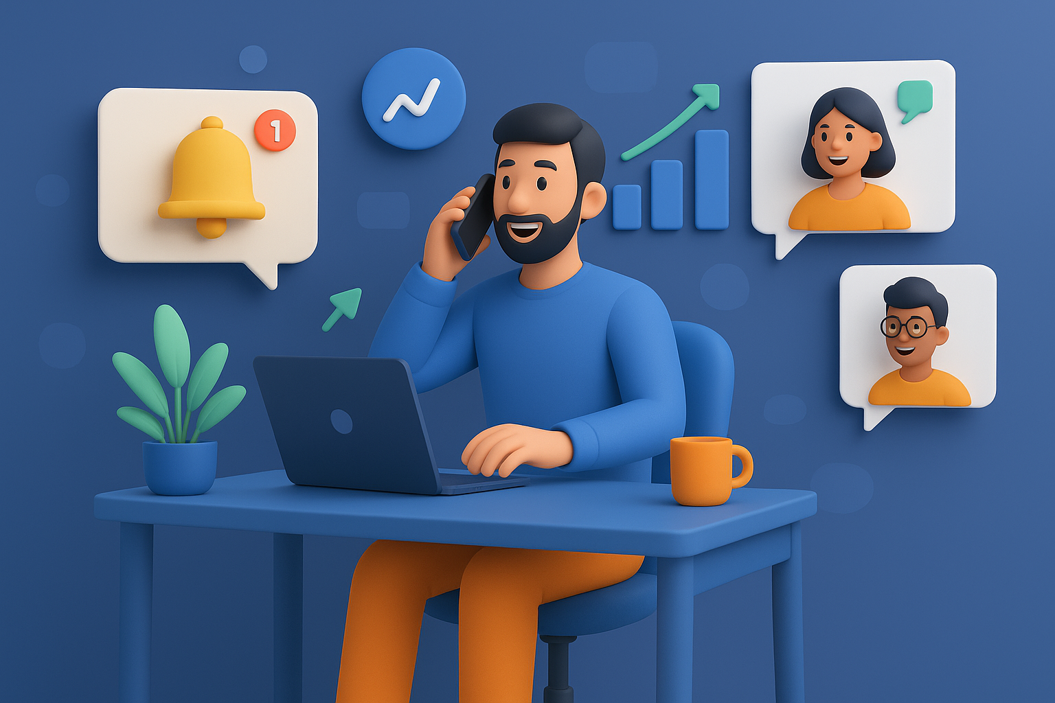 Illustration of Person making business calls on phone in a Tech-themed workspace setting, with a inspired mood.