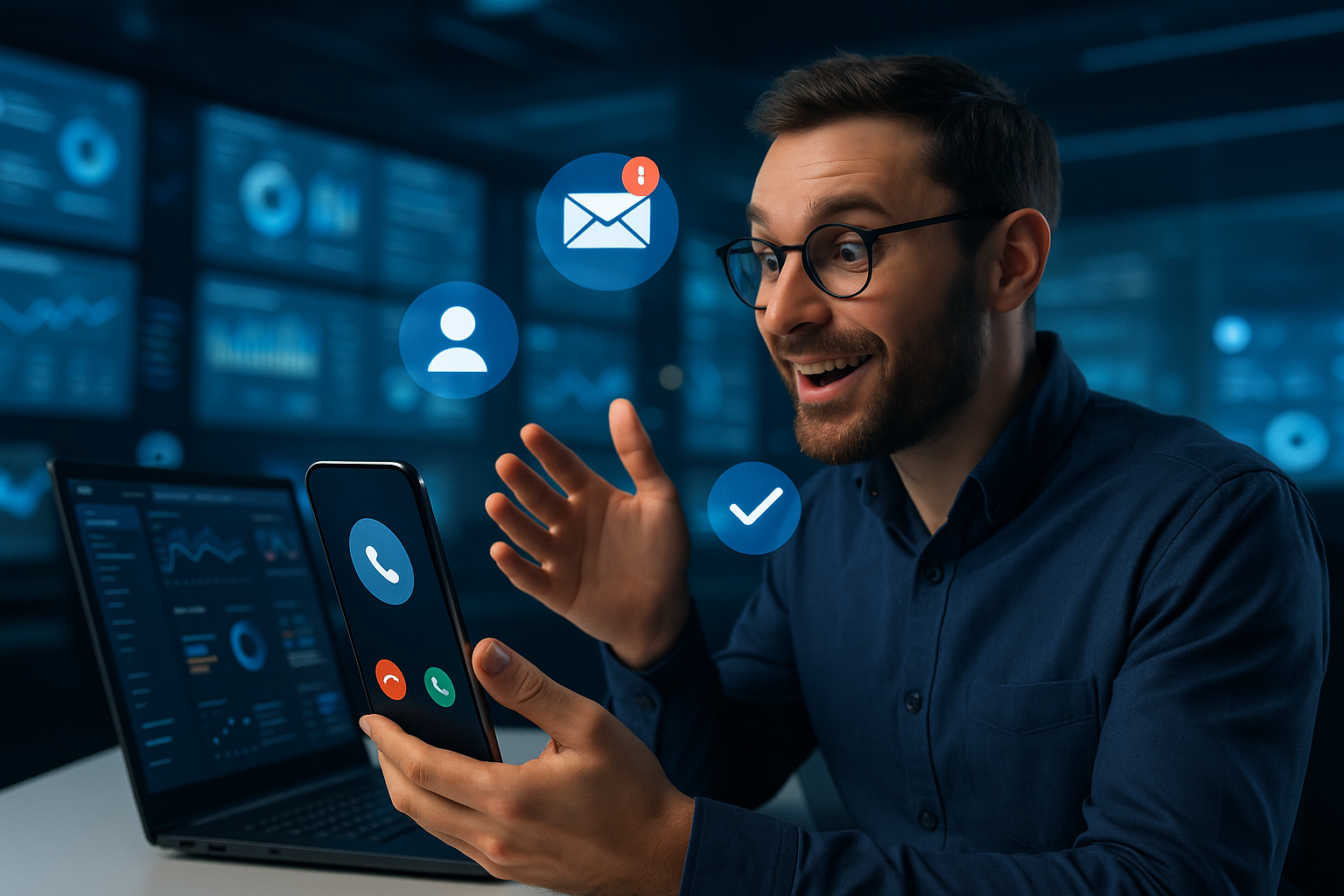 Illustration of Caller ID with mobile icons in a Virtual command center setting, with a inspired mood.