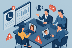 Illustration of Team using virtual PBX in a Dashboard with telecom metrics setting, with a alert mood.
