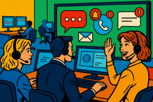 Illustration of Team using communication dashboard in a Call center with digital wallboards setting, with a empowered mood.