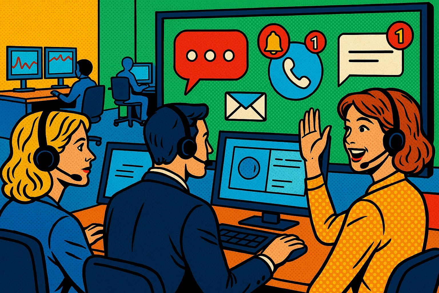 Illustration of Team using communication dashboard in a Call center with digital wallboards setting, with a empowered mood.