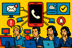 Illustration of Phone routing multiple devices in a Call center with digital wallboards setting, with a professional mood.