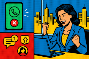 Illustration of Caller ID with mobile icons in a City skyline through office window setting, with a empowered mood.