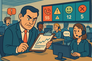Illustration of Manager analyzing call reports in a Call center with digital wallboards setting, with a determined mood.