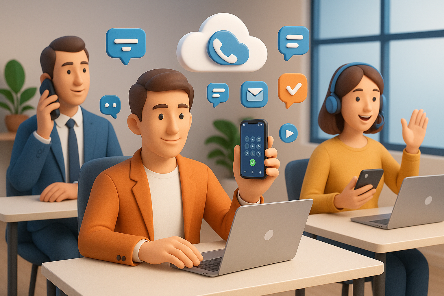 Illustration of Team using virtual PBX in a Modern office with mobile tech setting, with a confident mood.