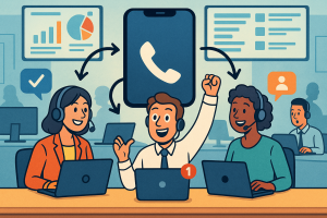 Illustration of Phone routing multiple devices in a Call center with digital wallboards setting, with a professional mood.