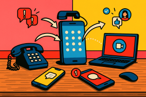 Illustration of Phone routing multiple devices in a Professional desk with phones setting, with a empowered mood.