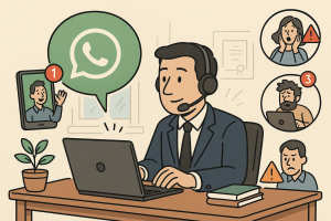 Illustration of Customer connecting via WhatsApp in a Home office setup with headset setting, with a focused mood.