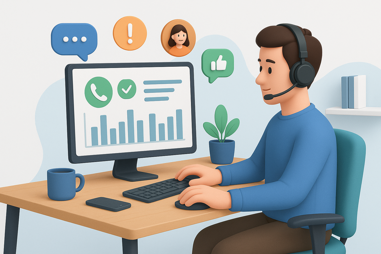 Illustration of Manager analyzing call reports in a Home office setup with headset setting, with a in control mood.