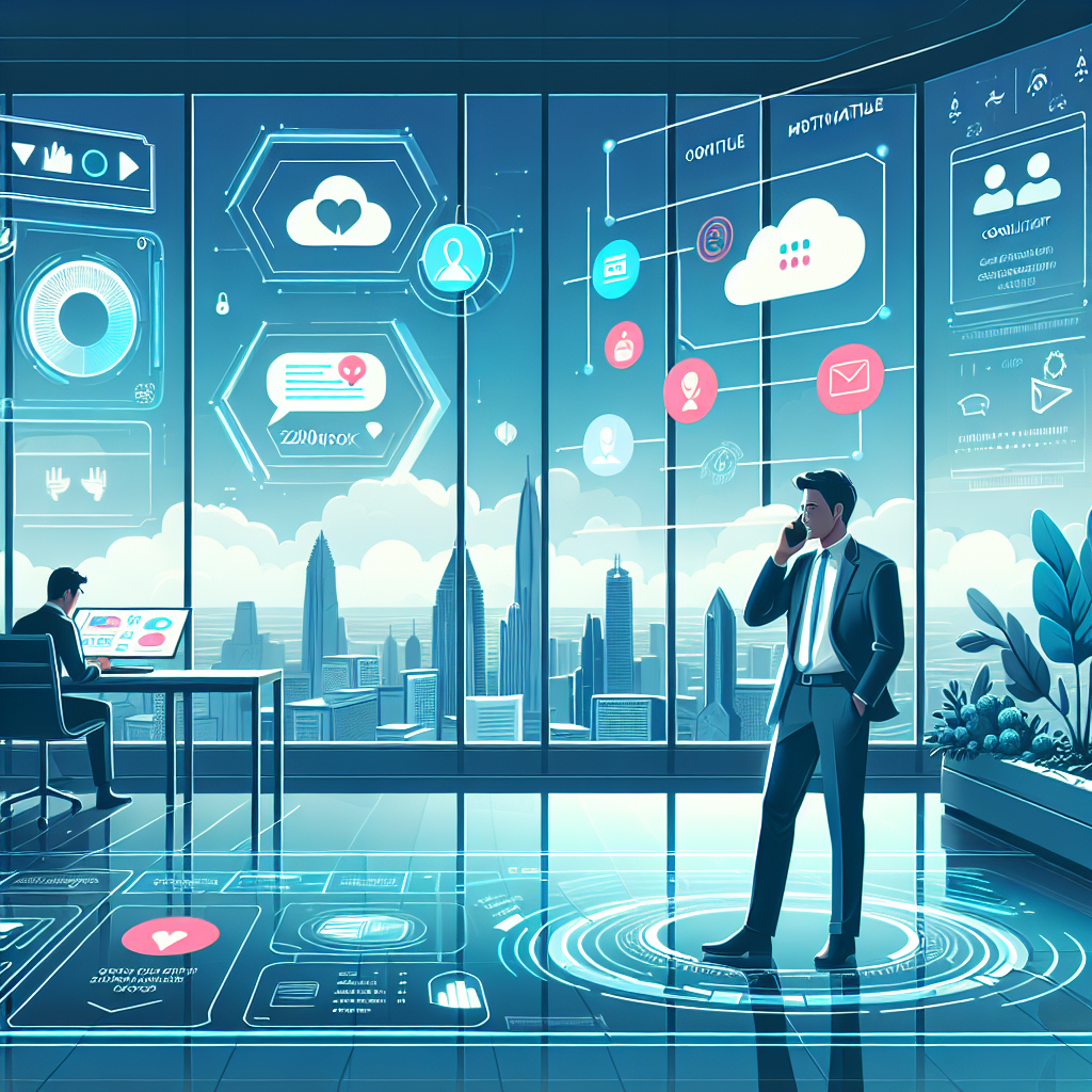 Illustration of Person making business calls on phone in a City skyline through office window setting, with a inspired mood.