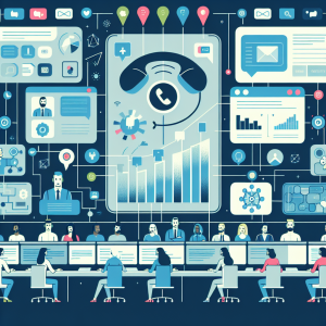 Illustration of Phone routing multiple devices in a Call center with digital wallboards setting, with a alert mood.