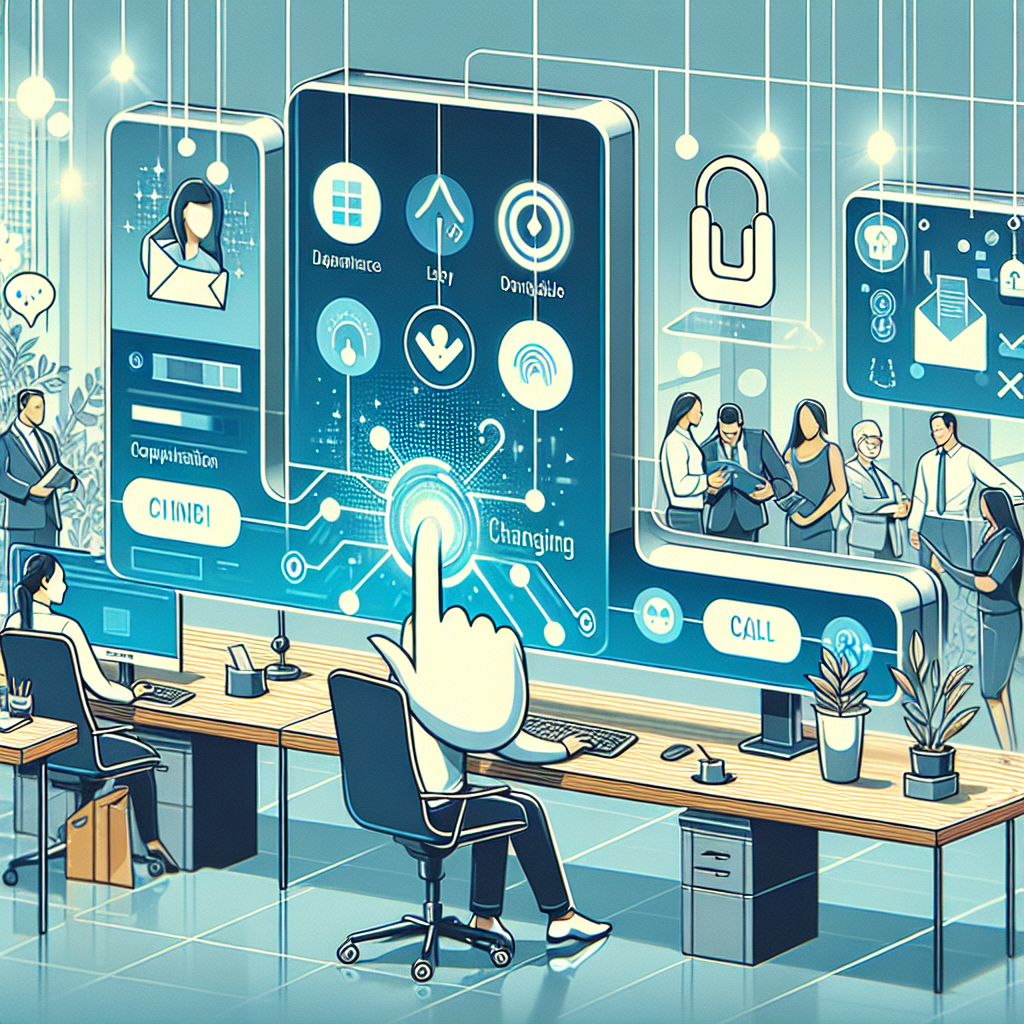 Illustration of User switching call profiles in a Professional desk with phones setting, with a inspired mood.