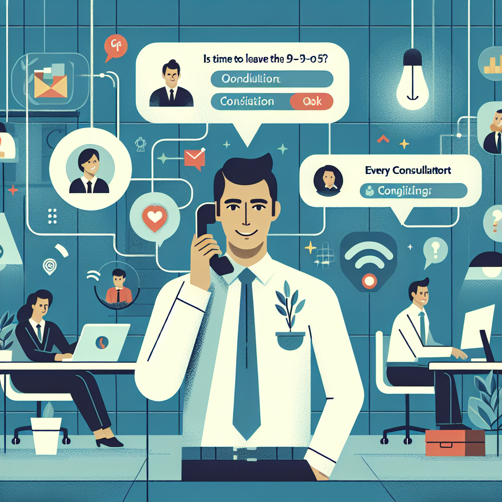 Illustration of Agent handling client calls in a Modern office with mobile tech setting, with a confident mood.