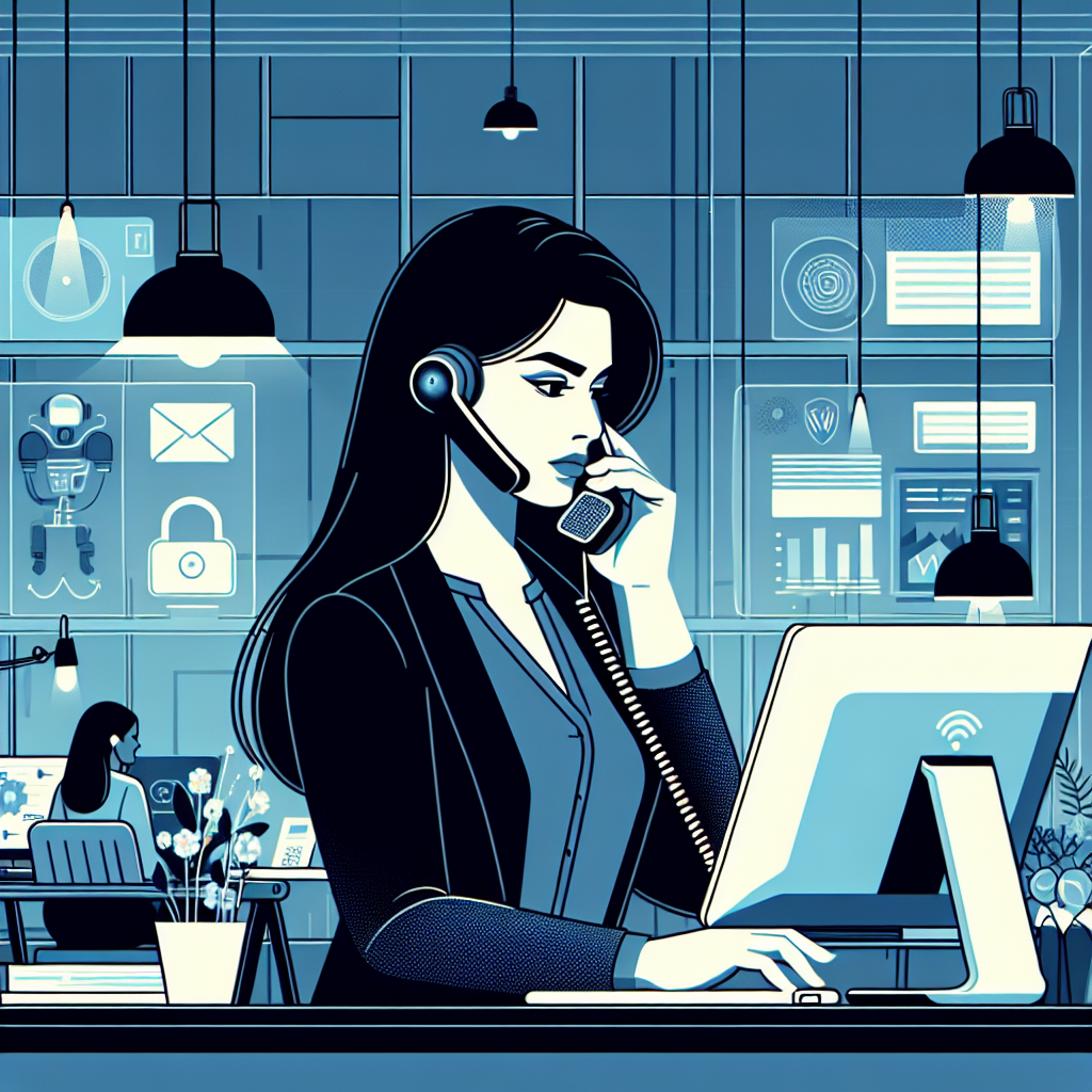 Illustration of Person making business calls on phone in a Tech-themed workspace setting, with a determined mood.