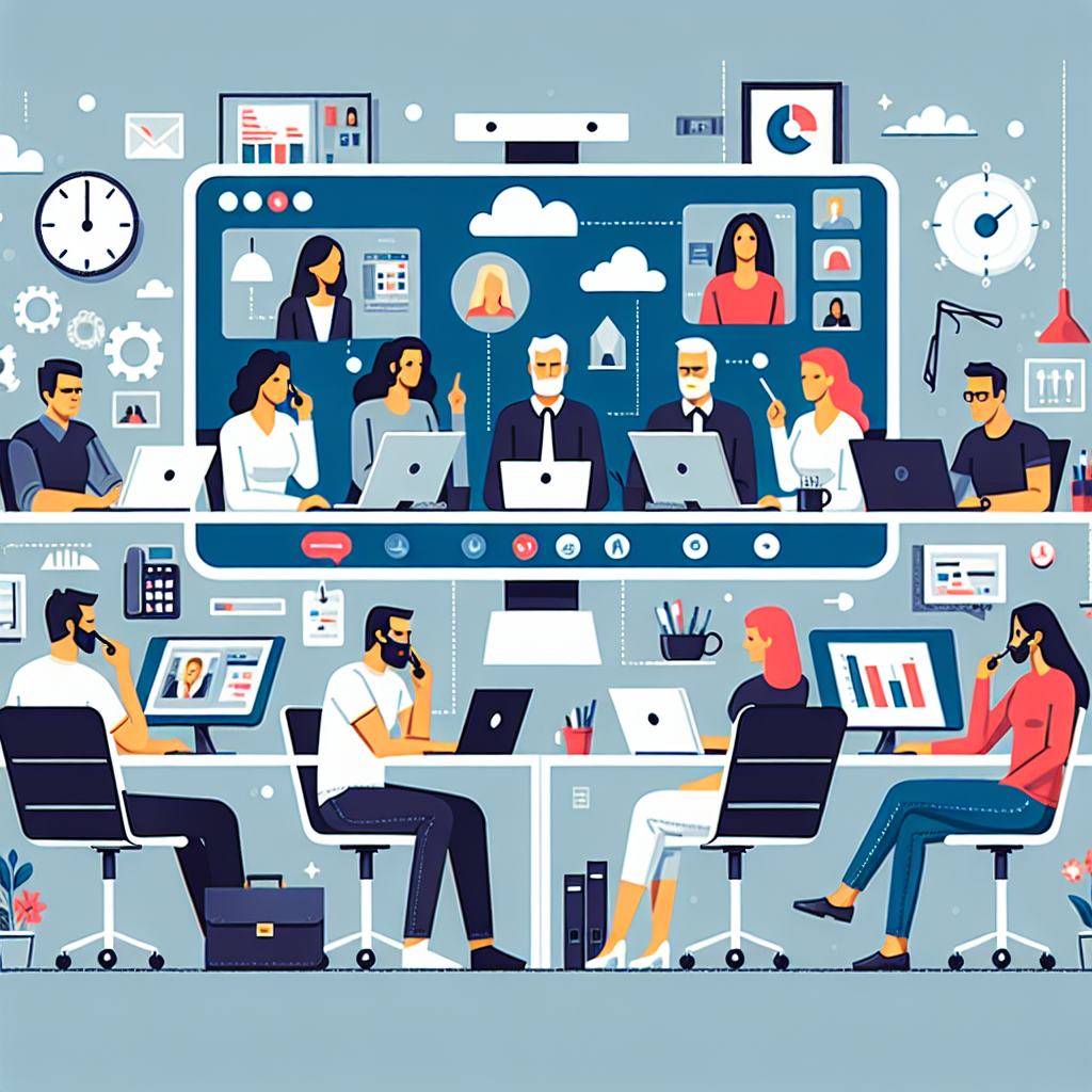 Illustration of Team on video call in a Home office setting, with a focused mood.