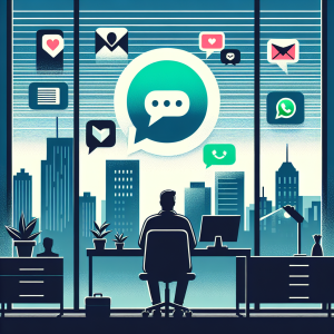 Illustration of Customer connecting via WhatsApp in a City skyline through office window setting, with a empowered mood.