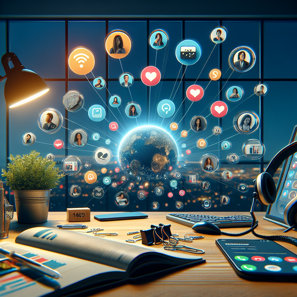 Illustration of Caller ID with mobile icons in a Home office setup with headset setting, with a inspired mood.