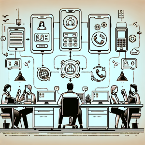 Illustration of User switching call profiles in a Professional desk with phones setting, with a empowered mood.