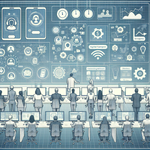 Illustration of Team using communication dashboard in a Call center with digital wallboards setting, with a innovative mood.